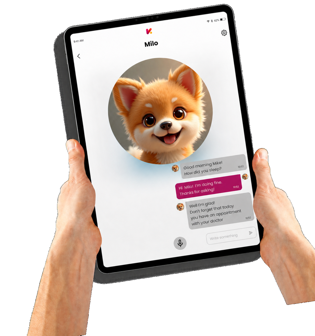 Keen Companions AI chat interface showing a friendly conversation between Jane (AI companion) and Mike (senior), with daily check-ins and appointment reminders displayed on a tablet